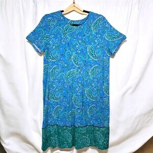 J Jill WearEver Collection Shift Dress Woman Med Blue Paisley Print Short Sleeve